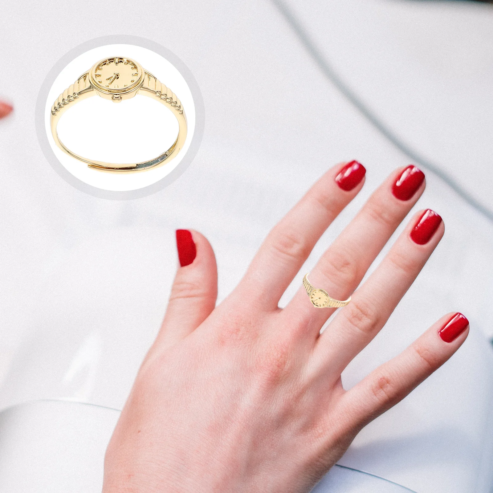 

Clock Watch Ring For Women Adjustable Golden Mini Finger Jewelry Vintage Style Open Design Daily Wear Accessory