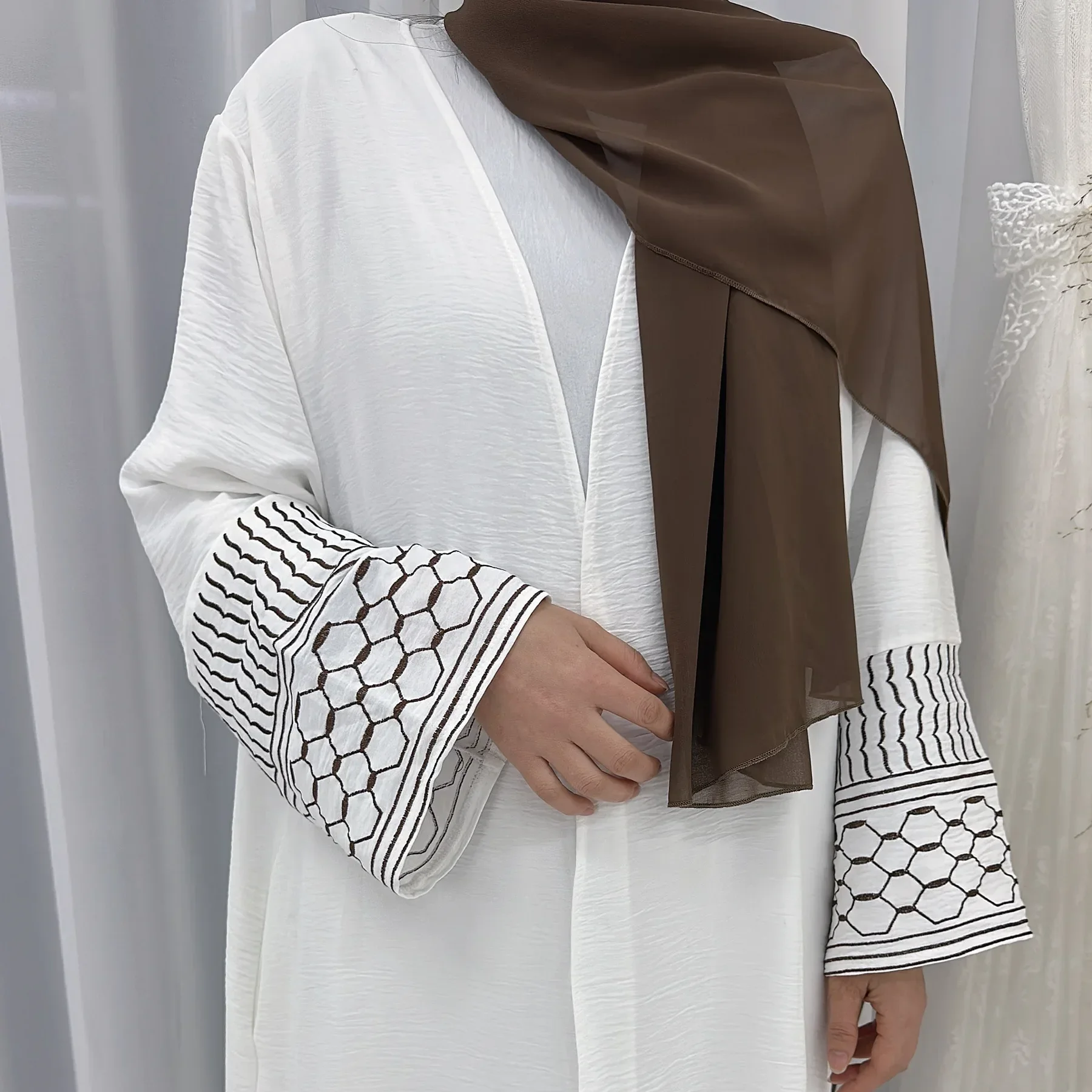 Wit Borduren Kimono Abaya Open Moslim Keffiyeh Abaya voor Vrouwen Dubai Luxe Palestina Islamitische Kleding Kaftan Gewaad Ramadan