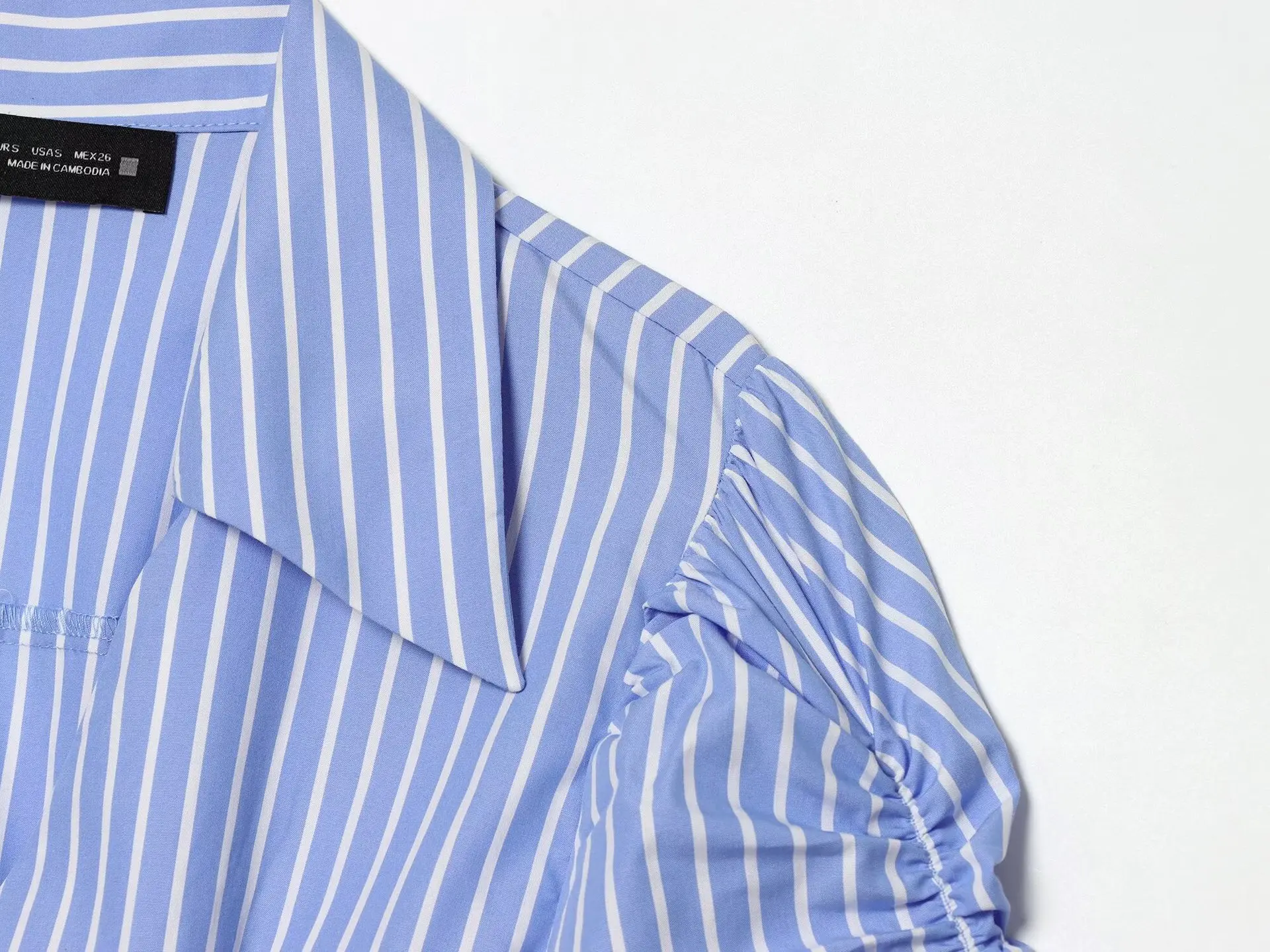 

European and American clothing 2026 summer new sweet style puff sleeve waist striped short-sleeved shirt