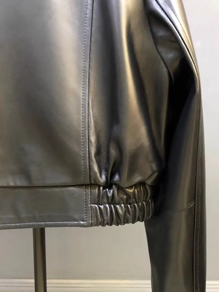 Punk Stijl Vrouwen Korte Schapenvacht Lederen Jas Rits Zakken Stand Kraag Herfst Motorfiets Winddichte Jas Streetwear