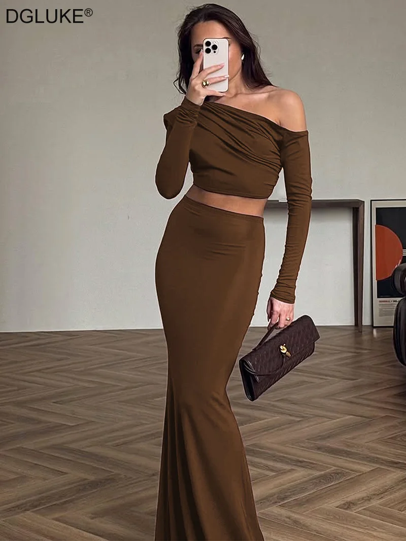 

DGLUKE Топ и юбка с открытыми плечами и длинными рукавами, комплект из 2 предметов, женские элегантные комплекты с длинной юбкой, одинаковые комплекты, праздничный наряд