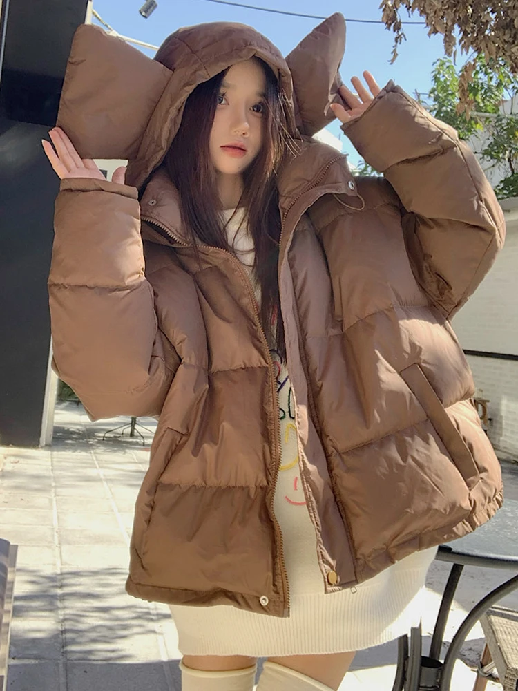 Preppy Style Sweet Women Cotton Clothing Coat Retro Zipper Kawaii Ear Hooded Thickening Keep Warm Sweetheart Fluffy Outwears