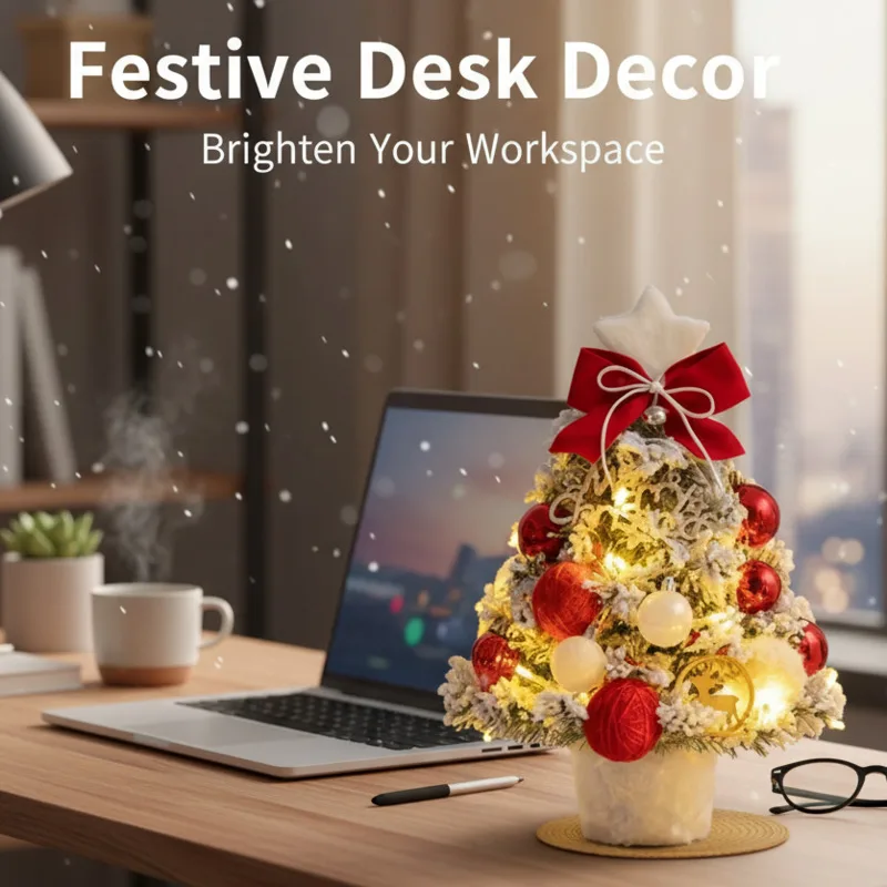 

DIY Christmas Tree Mini Desktop PVC Christmas Tree With Lights Flocked Decoration Holiday Table Festive Xmas Tree Ornament New