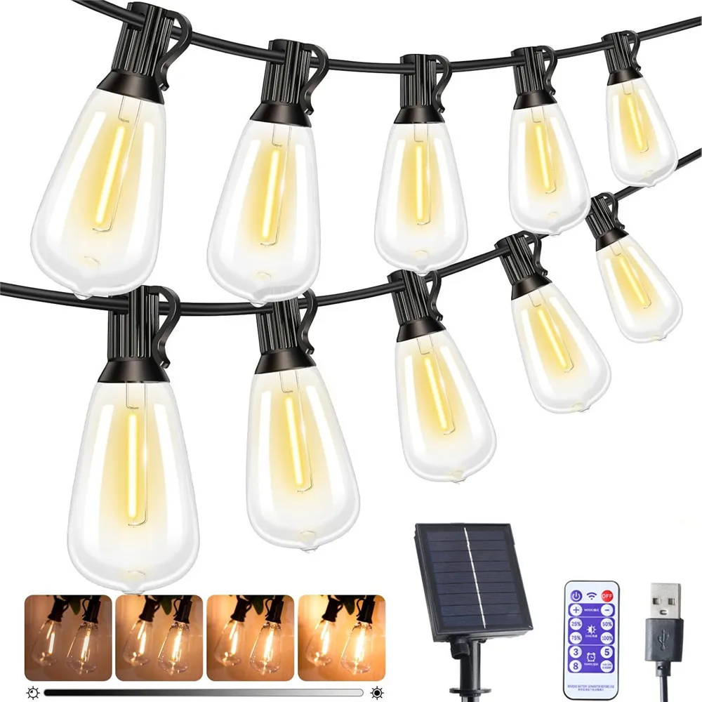 Solar LED String Lights Outdoor ST38 Clear Bulbs Waterproof IP65 8 Modes Remote Control for Garden Patio Wedding