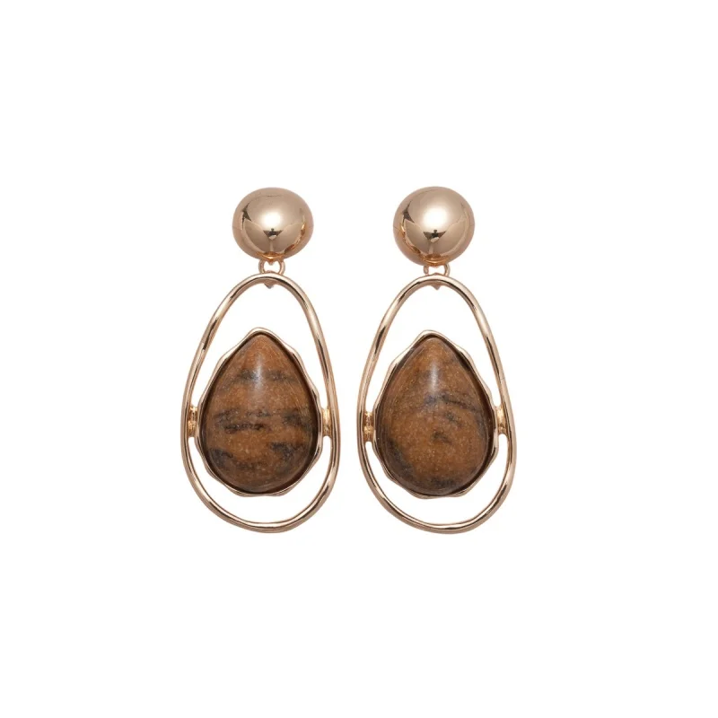 Glossy Ball Stud Double Layer Hollow Teardrop Frame Brown Vein Teardrop Stone Drop Earrings for Women Earth Tone Vintage Stateme