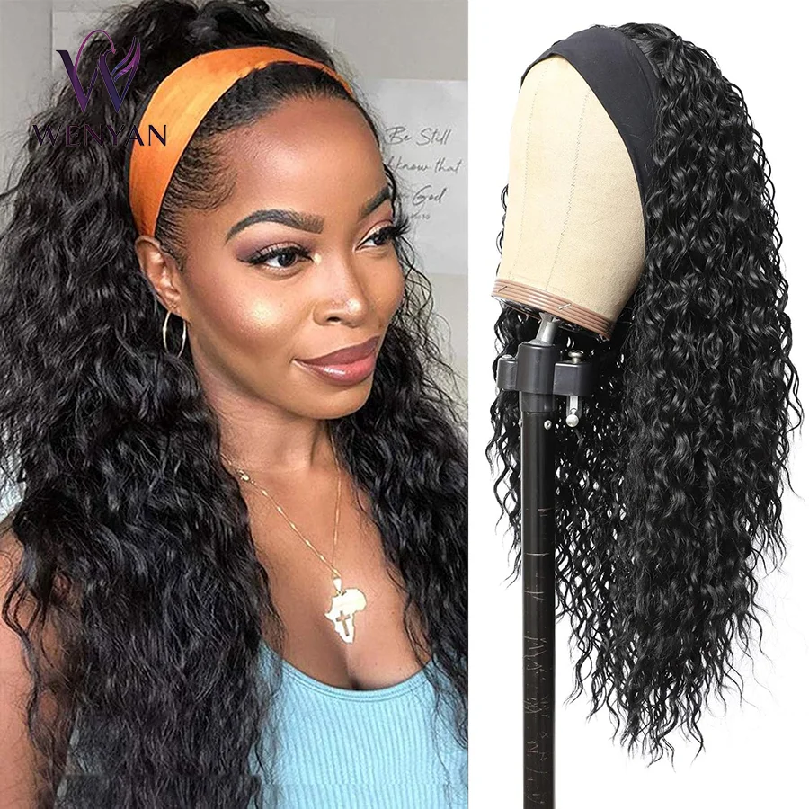 24 inch (1B)Curly Headband Wig Loose Water Wave Headband Wigs None Lace Wig Glueless for Women Synthetic 150% Density Natural