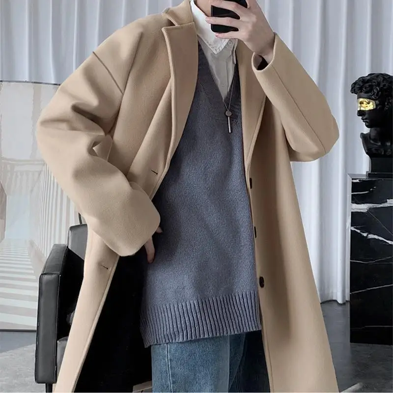 Fashion Men\'s woolen Coats Solid Color Single Breasted Lapel Long Coat Jacket Casual Overcoat Casual Trench Spring and Autumn