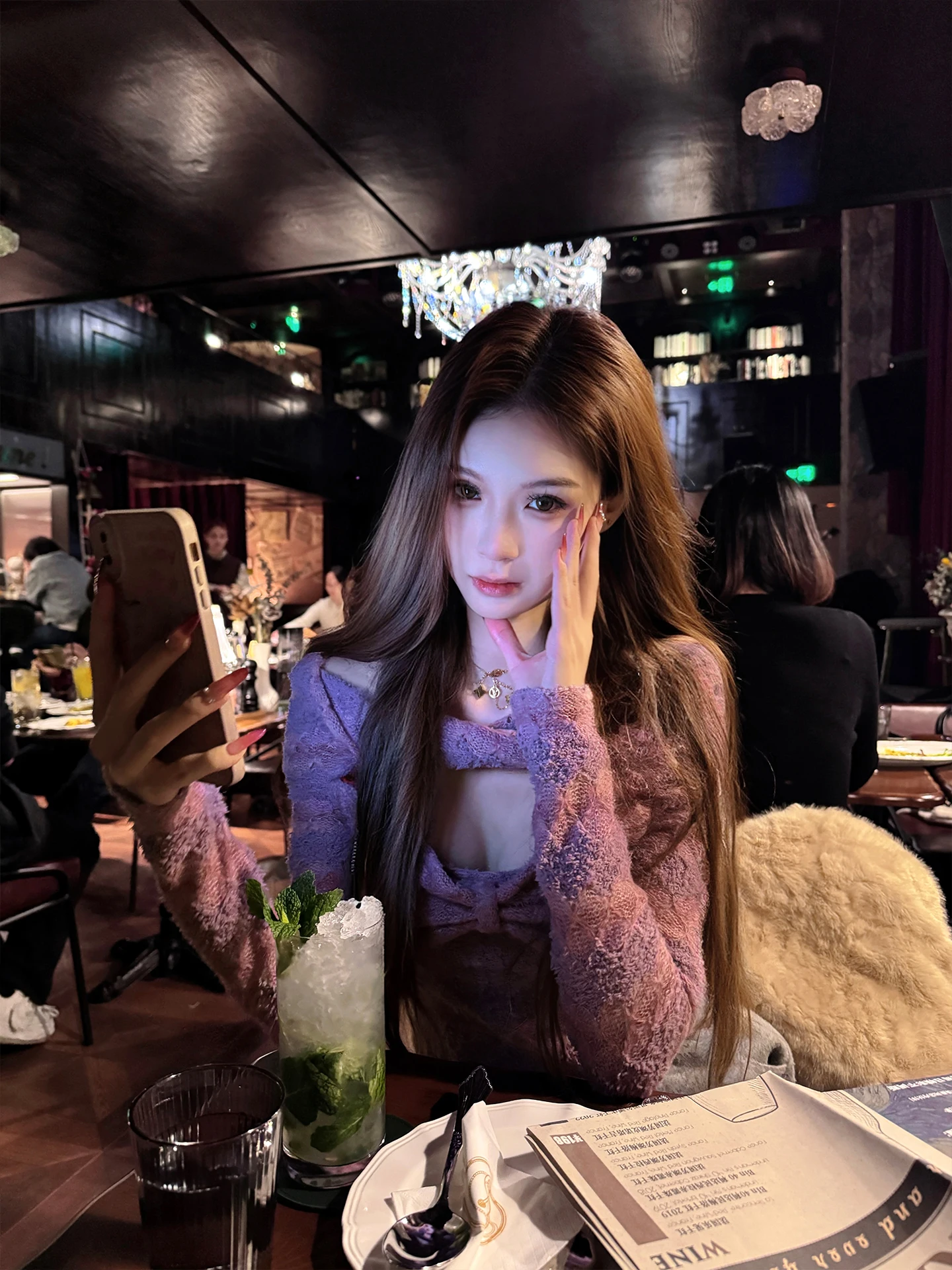 

Sexy Purple Dyed Knitwear with Knot Design Slim Fit Long Sve Polyester Fiber Casual Wear for Young Women