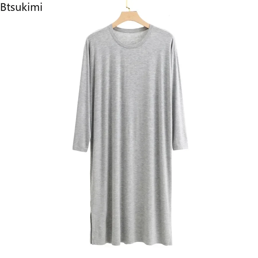 New 2026 Men's O-Neck Long Sleeve Robes Homewear Mid-long Knee Length Soft Comfortable Modal Nightwear Men Solid Thin Bathrobe