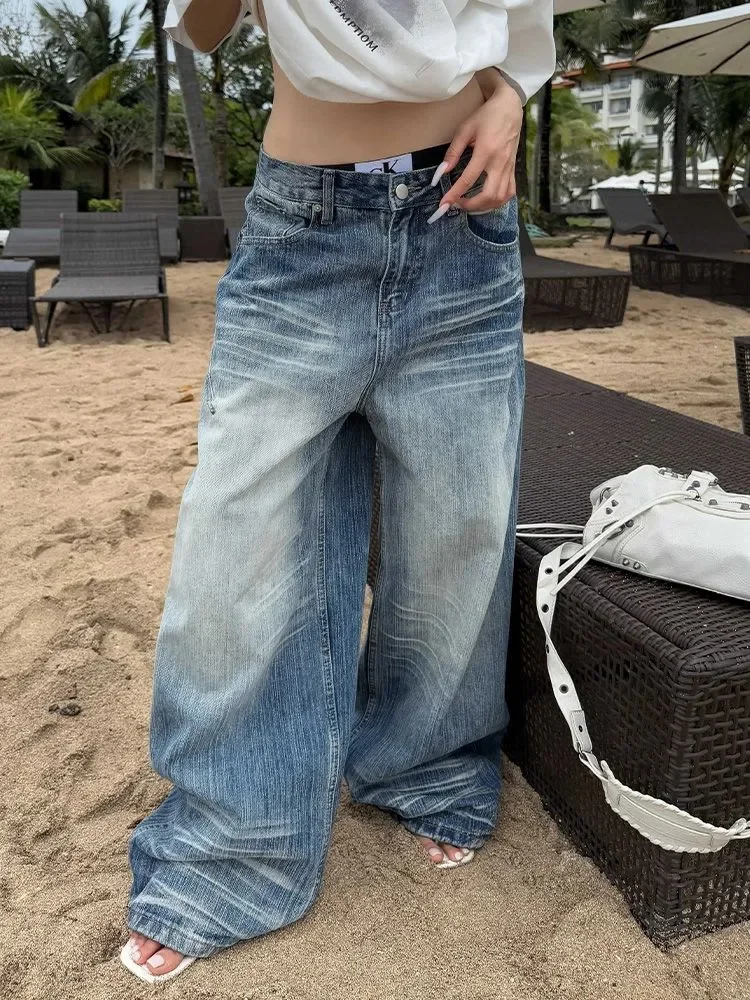 2026 Spring Women American Vintage Washed Faded Jeans Y2K Streetwear Relaxed Loose Fit Extended Length Floor-Length Denim Pants