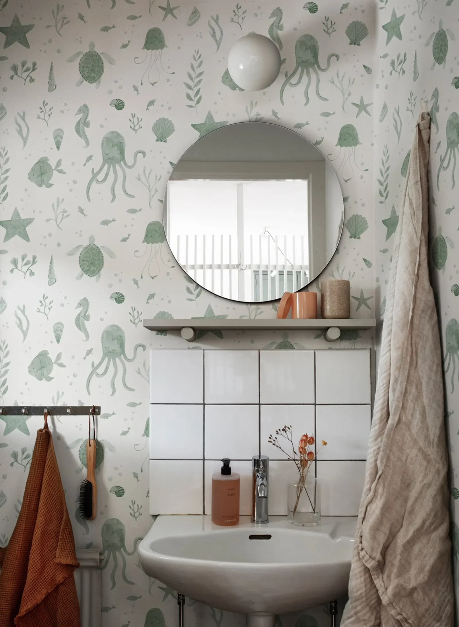 Aqua Wallpaper with Octopuses, Jellyfish. Turtles, fishes and all kinds of seashells in fresh Green, Aqua Sea lifes Wall Paper