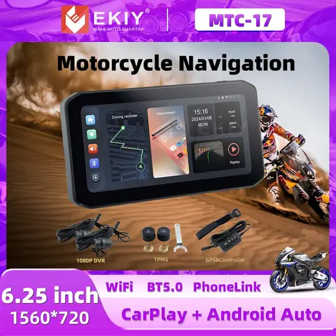 EKIY 6.25" Wireless CarPlay Moto Android Auto Portable Digital Motorcycle Dashboard GPS Navigation Display Screen TPMS Monitor