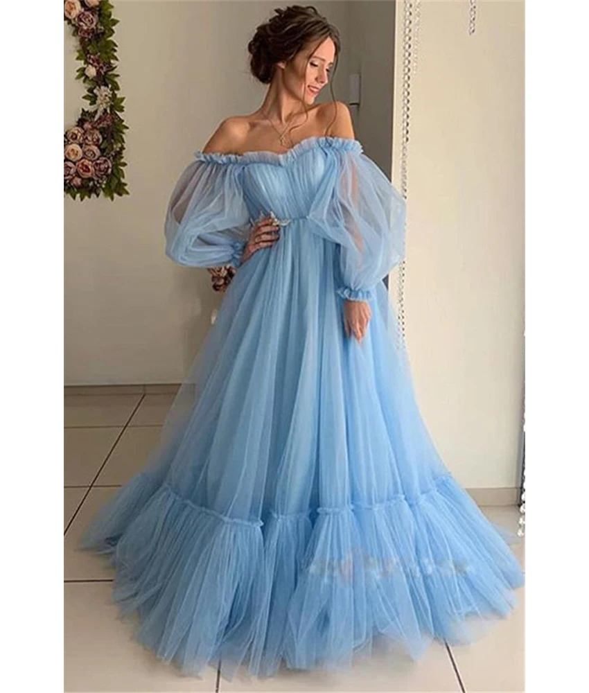 Customized Classic Tulle A-Line Off the Shoulder Ruffles Evening Dress High Quality Sweetheart Long Sleeves prom dresses