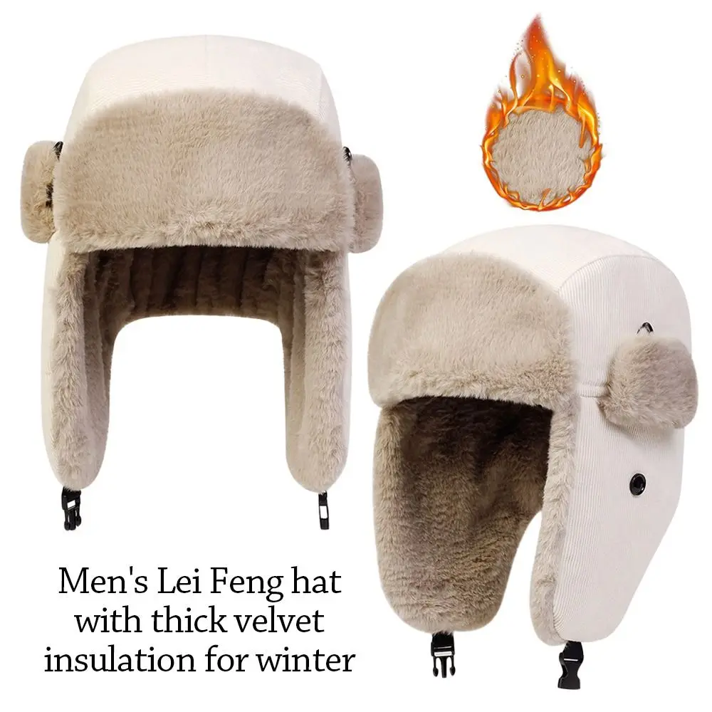 

Outdoors Thick Corduroy Lei Feng Hat Warm Windproof Earflap Hat Ushanka Fur Hat Casual Ski Hat for Men
