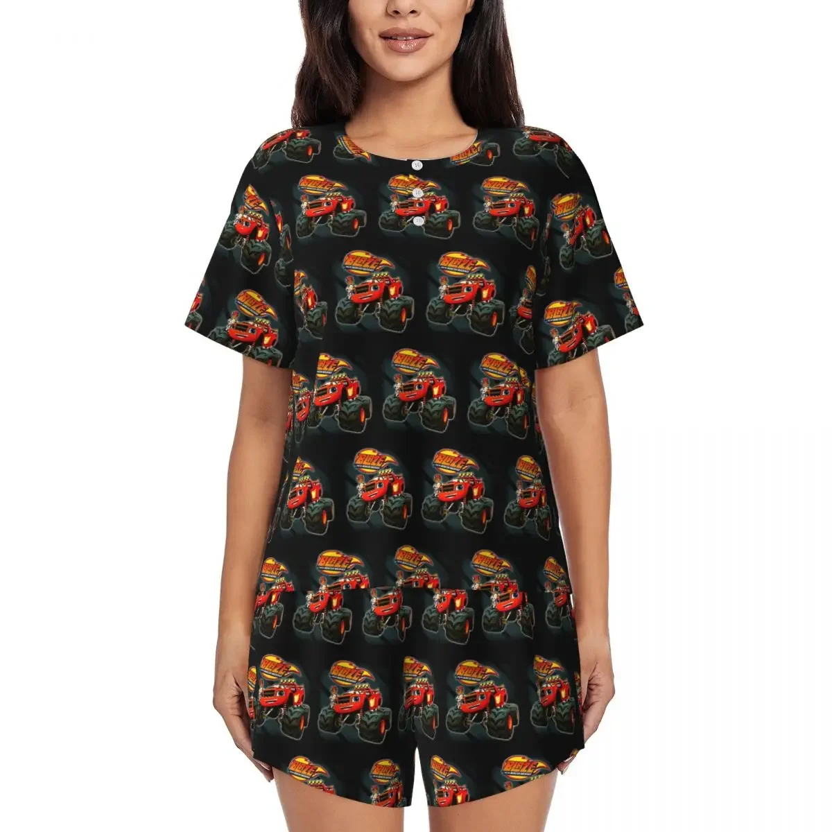 

Blaze And The Monster Machines Round Neck Short Sleeve Nightgowns for Sleeping Sleepshirts Women Loose Pajama Set Short Pants