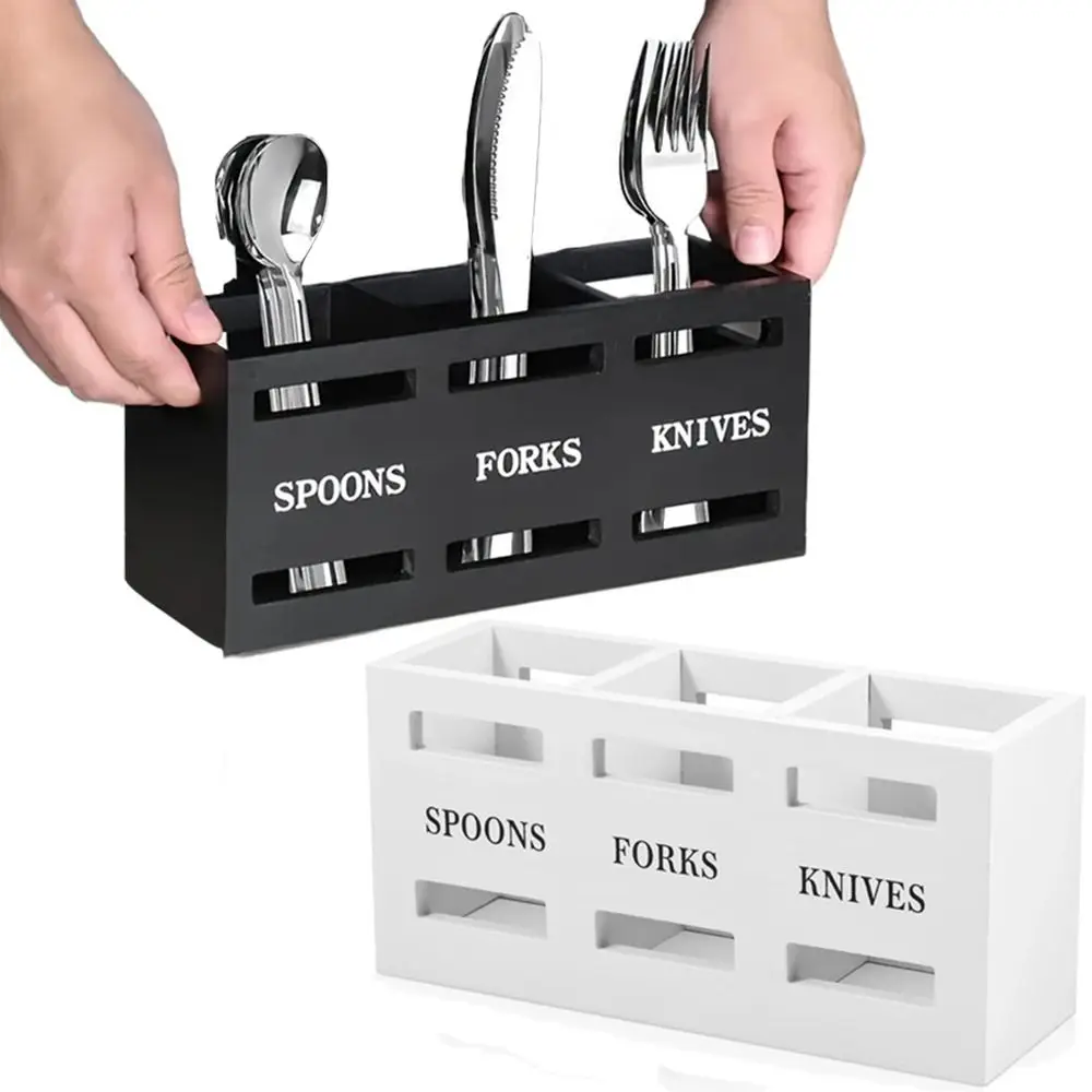 3 Compartments Wood Utensil Holder Large Capacity Double Handle Kitchen Flatware Organizer Breathable Anti-slip Bottom