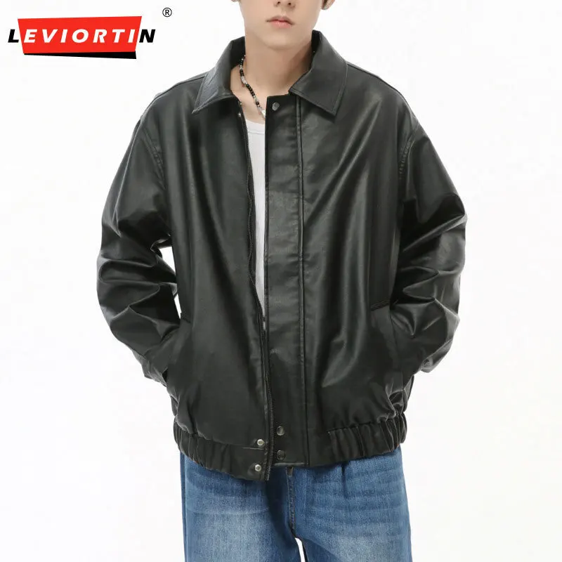 LEVIORTIN Niche Design Men's Jackets Loose Pu Leather Short Coats Turn-down Collar Solid Color Casual Male Tops Personality