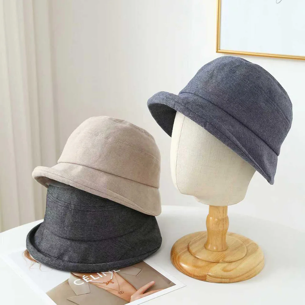 Hochwertiger Japanischer Fischerhut für Damen, Frühling-Sommer, Dünnes Leinen, Breite Krempe, Schlichter Bucket Hat