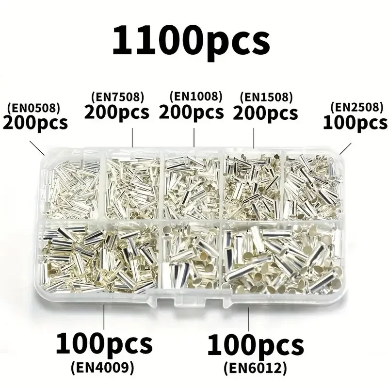 1100pcs 0.5mm²-6mm² 22-10 AWG Non-Insulated Wire Connector Bootlace Ferrules Electrical Cable Terminal Tubular