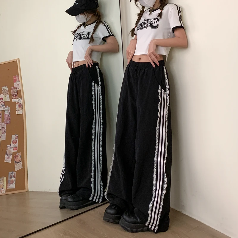 American Black Vintage Drawstring Sweatpants Lace High Waisted Straight Wide Leg Pants Baggy Y2K Stripe Trouser Ladies Summer