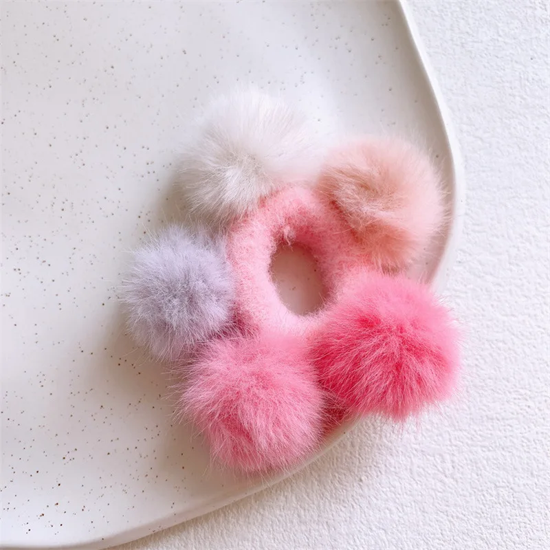 2024 Winter Cute Pompom Hair Tie For Kids Pink Plush Ball Hair Bands Girls Elastic Hair Rope Scrunchie Baby Hairbands headdress