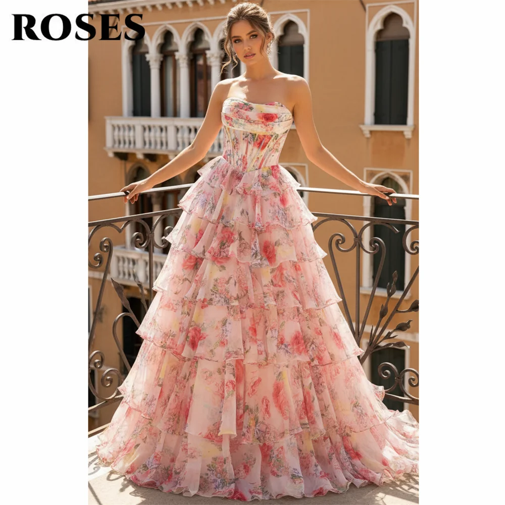

ROSES Pink Boho Prom Dress Strapless Floral Print Evening Dresses Sleeveless Formal Gown Tiered Ruffled 프롬 드레스 Customized
