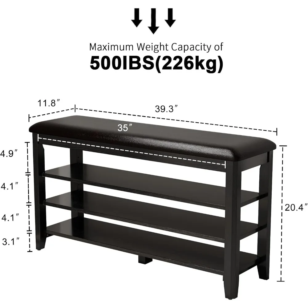مقعد أحذية مع وسادة جلدية، مقعد تخزين أحذية من 3 طبقات قابل للتعديل، مقعد مدخل من خشب الجوز للممر وغرفة الطين