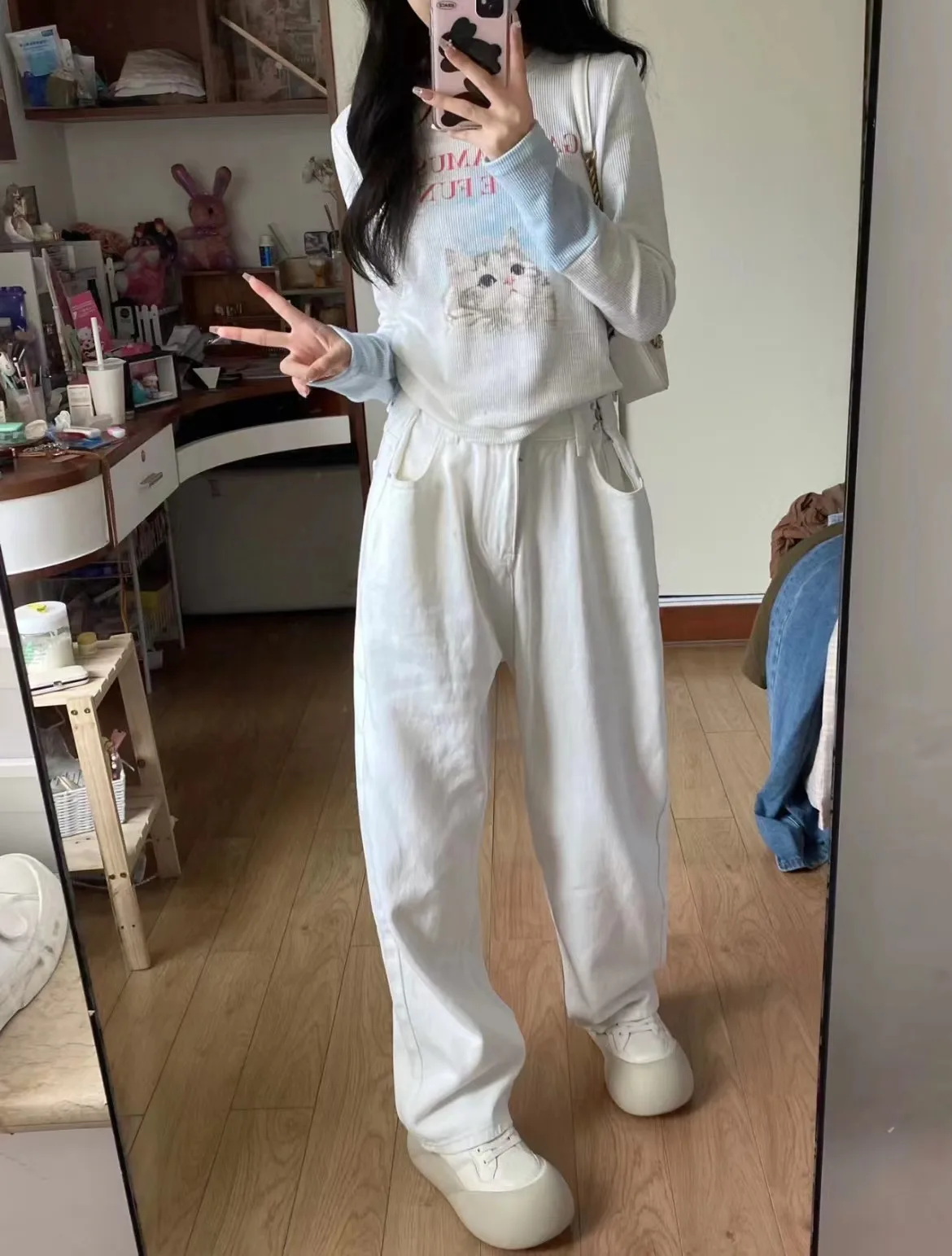 Autumn High Waist Loose Straight Wide Legs Woman Long Pants Button Fly Ankle-length Female Students Denim Trousers White Jeans