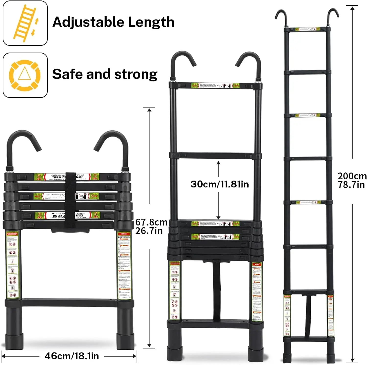 Imagem -03 - Rikade-escada Telescópica de Alumínio com Pés Antiderrapantes e Gancho Estável Extensão Portátil para ho 6.5ft