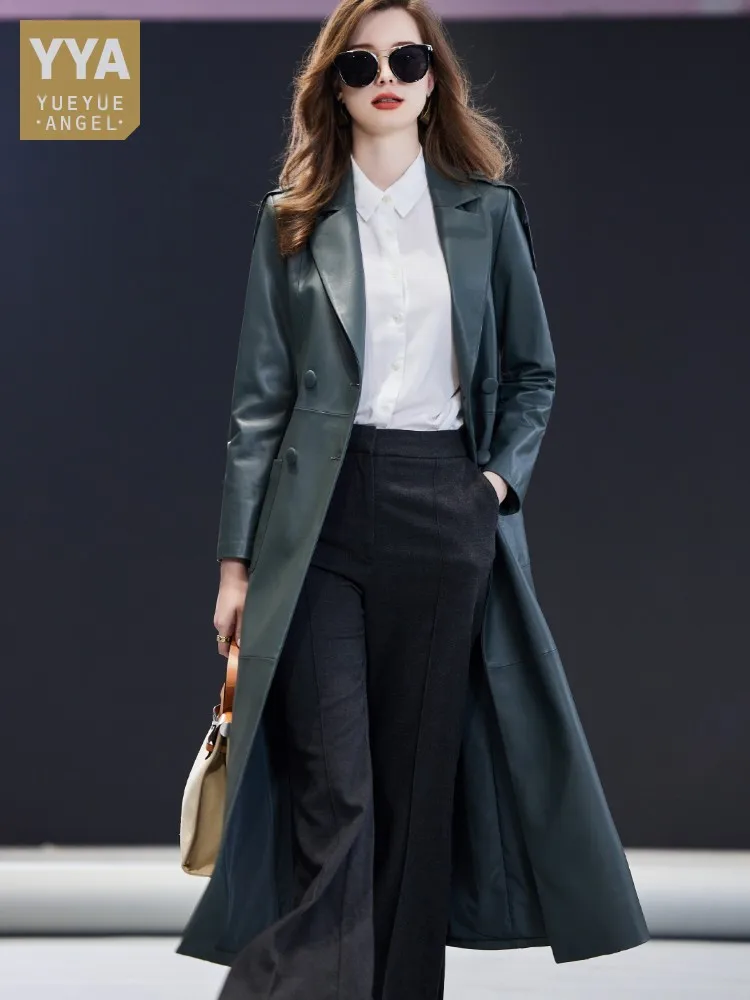 New Fashion Office Ladies Long Double Breasted Belted Genuine Leather Jacket Women Autumn 100% Sheepskin Windbreaker Trench Coat
