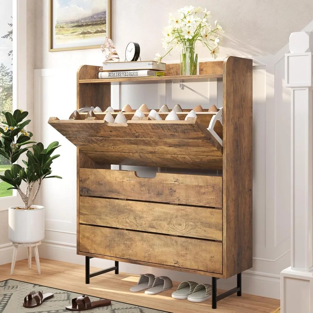 

Shoe Storage Cabinet with 2 Flip Drawers, Wooden Shoes Rack Organizer Cabinets with Adjustable Shelf, Narrow Shoe Cabinet
