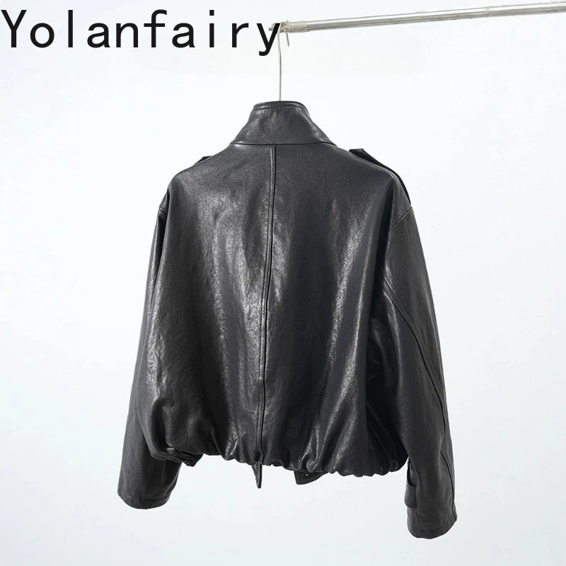 YOLANFAIRY High-end Real Cowhide Leather Jacket Women 2026 Fashion Oil-waxed Leather Coat Fashion Stand Collar Short Jackets