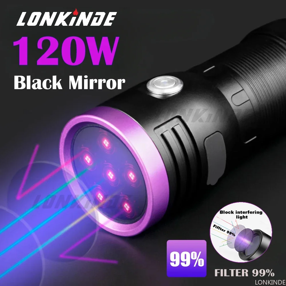 

High Power 120W 6LED 365NM UV Flashlight Black Mirror Purple UV light Detection Torch Type-C Rechargeable Lantern use 18650