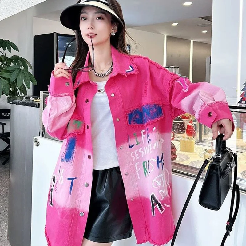 Blue Print Denim Shirt Jacket Women Loose Casual Fashion Tops European Station 2024 Autumn New Streetwear All-Matching Blouse