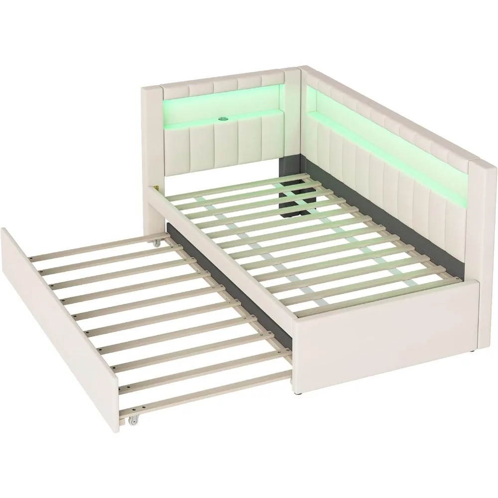 سرير زاوية ناعم منجد من الكتان مع أرفف تخزين وشحن وسرير نهاري مزدوج الحجم مع دولاب ولوح أمامي لرف الكتب على شكل حرف L