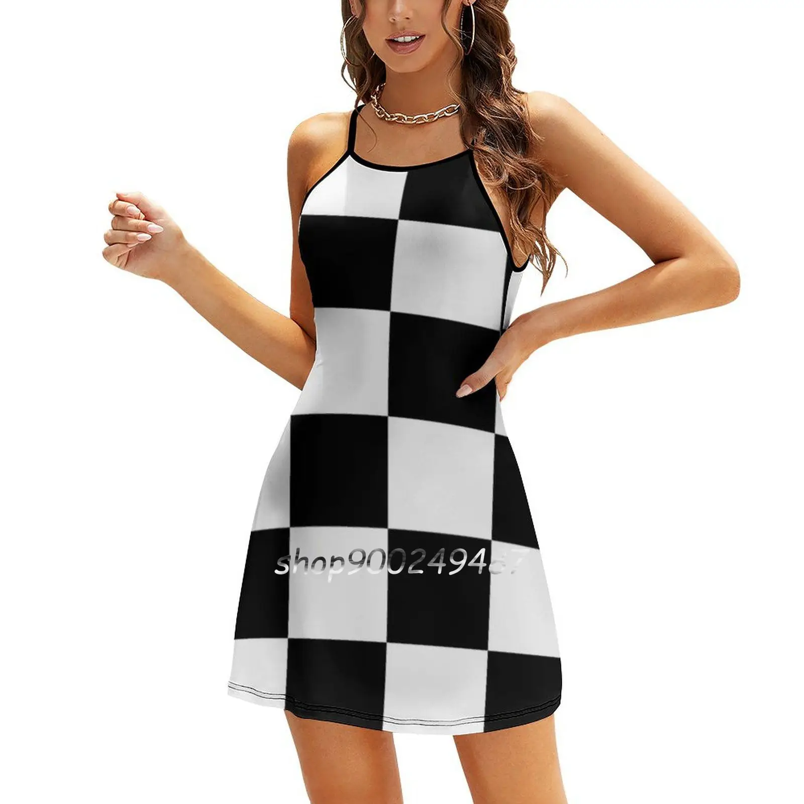 Ska Music Black And White Check Socks Square Neck Dress Cute Loose Print Dresses Elegant Beach Party Dress Checks Checkered