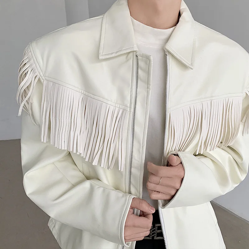 Niche PU Leather Tassel Design Shoulder Pad Men's Short Jacket 2024 Turn-down Collar Solid Color Male Tops Fashion