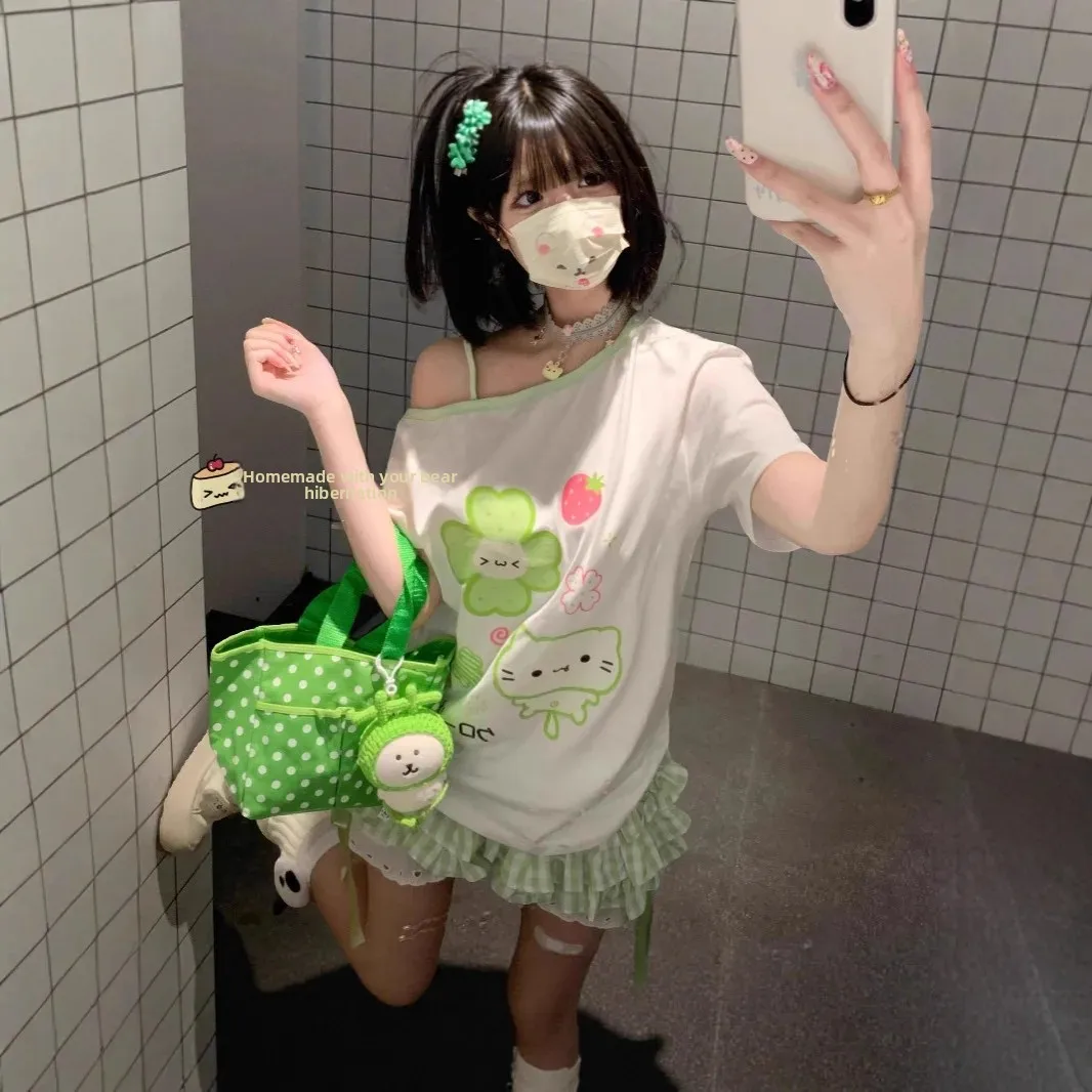 لطيف الحلو النمط الياباني أربع أوراق البرسيم الكتف عارية قصيرة الأكمام تي شيرت المرأة الصيف كسول الطازجة اللون الاصطدام التخسيس #4