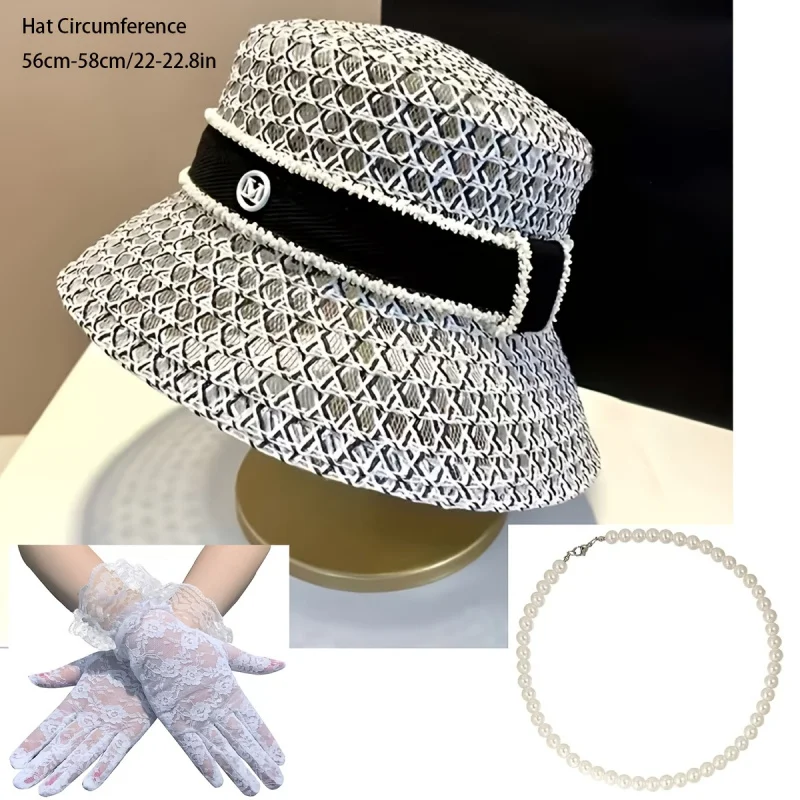 3pcs Set: Elegant French-Style Letter Bucket Straw Hat for Women Outing Japanese-Style  