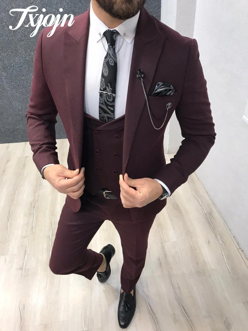 Classic Peak Lapel Men Suit Set 3PCS Elegant Burgundy Men Tuxedos Suit Formal Slim Suit For Groom Graduation Suit Customized