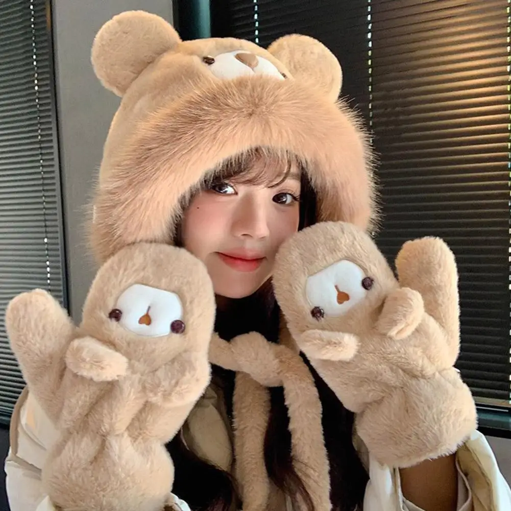 Winter New Plush Bear Onesie Hoodie Windproof Warm Hat Plush Big Head Surround Pullover Hat Gloves Two-piece Suit