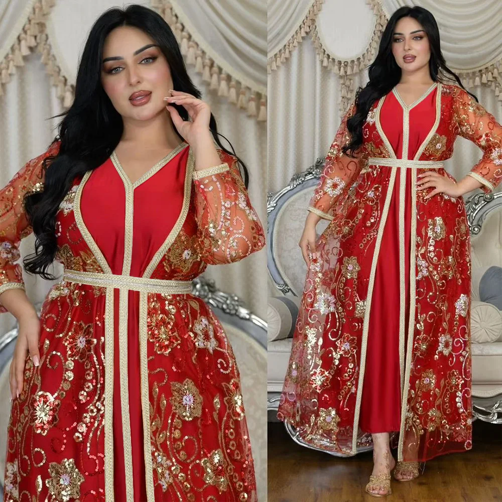 Caftano marocchino 2 pezzi Set musulmano Dubai Abaya caftano per la cerimonia nuziale delle donne 2025 nuove paillettes modello floreale abito lungo