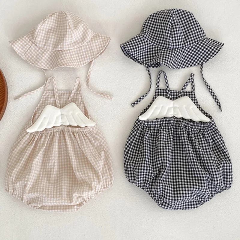 

Summer Korean Style Newborn Baby Girl Romper+Hat Sleeveless Cotton Lattice Toddler Baby Girls Jumpsuit 0-24M Children Clothes