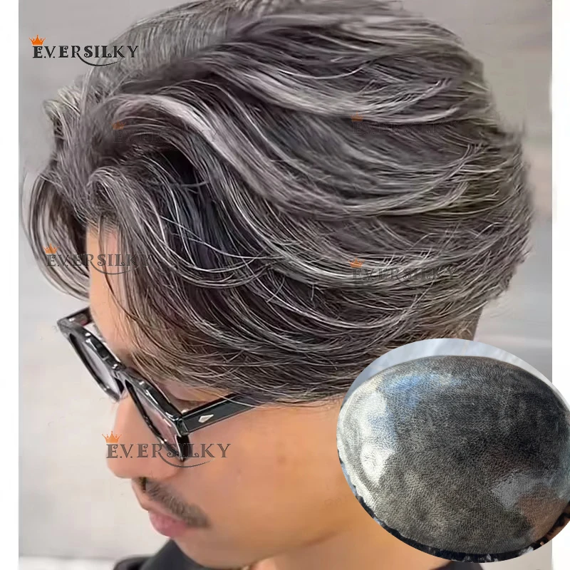 

Men's Toupee Gray 1B50 1B80 Toupee Scalloped Natural Hairline Strong Thin Poly PU Baldness Pre-cut System Black Brown Human Hair