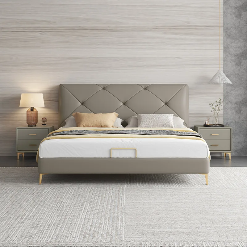 *Minimalist Light Luxury Modern Simple Nordic Solid Wood Storage Leather Bed Up-Holstered Beds for Small Master Bed