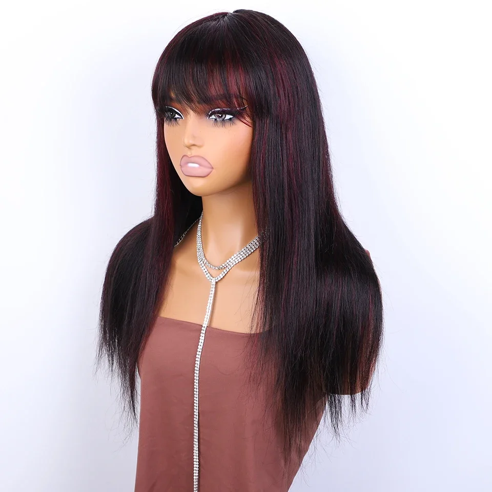 Brazilian Straight Human Hair Wigs With Bangs F1B/99J 100% Remy Long Human Hair Wigs Full Machine Human Hair Wig For Women