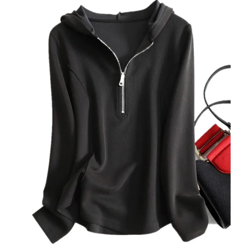 

Zipper Patchwork Plus Size Casual Hooded Sweatshirt Spring Autumn Long Sleeve Loose Fashion Tops Vintage Trend Women Clothing