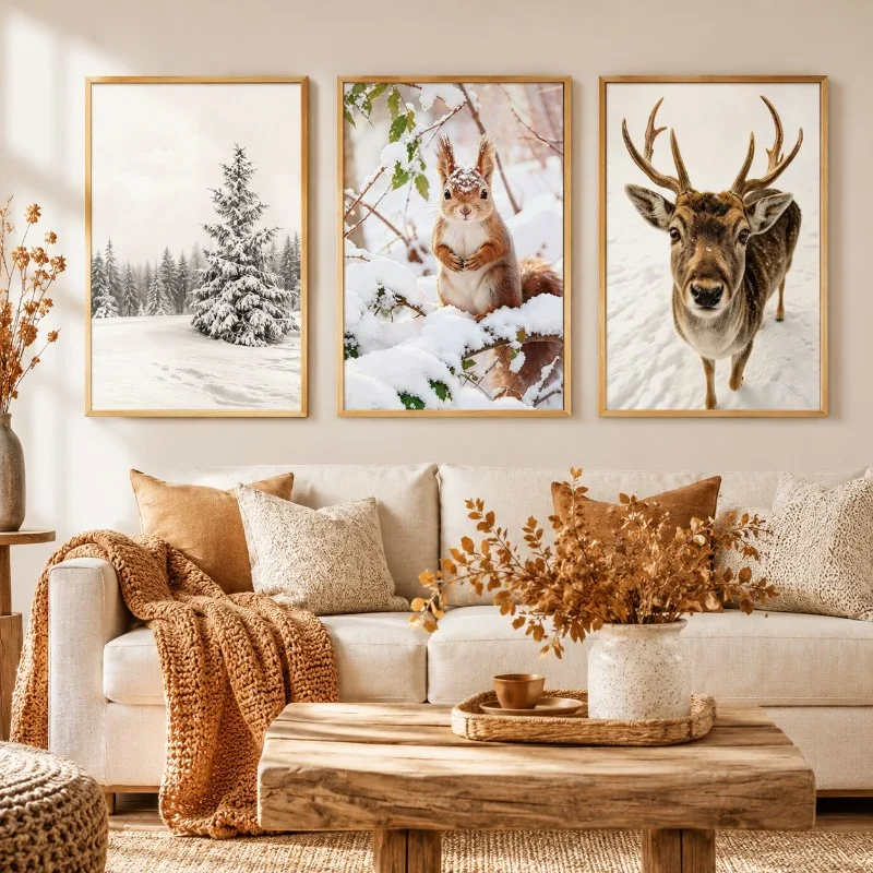 3PCS Winter Wildlife Snow Scenes, Reindeer and Squirrel Canvas Printed Posters, Suitable for Christmas Room Decoration