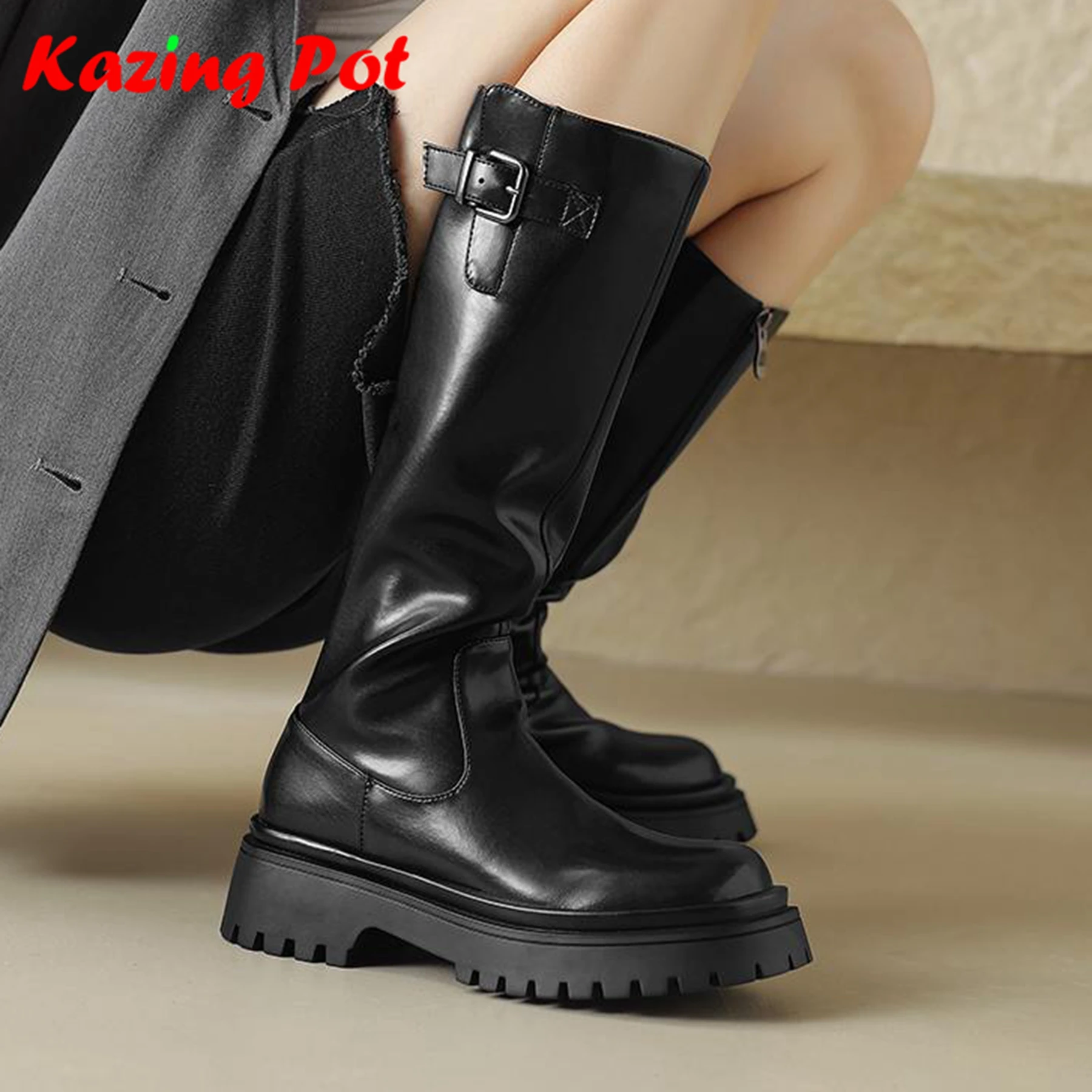 

Krazing Pot Cow Skin Round Toe Thick Heel Riding Boots Thick Bottom British School Zipper Metal Buckle Platform Thigh High Boots