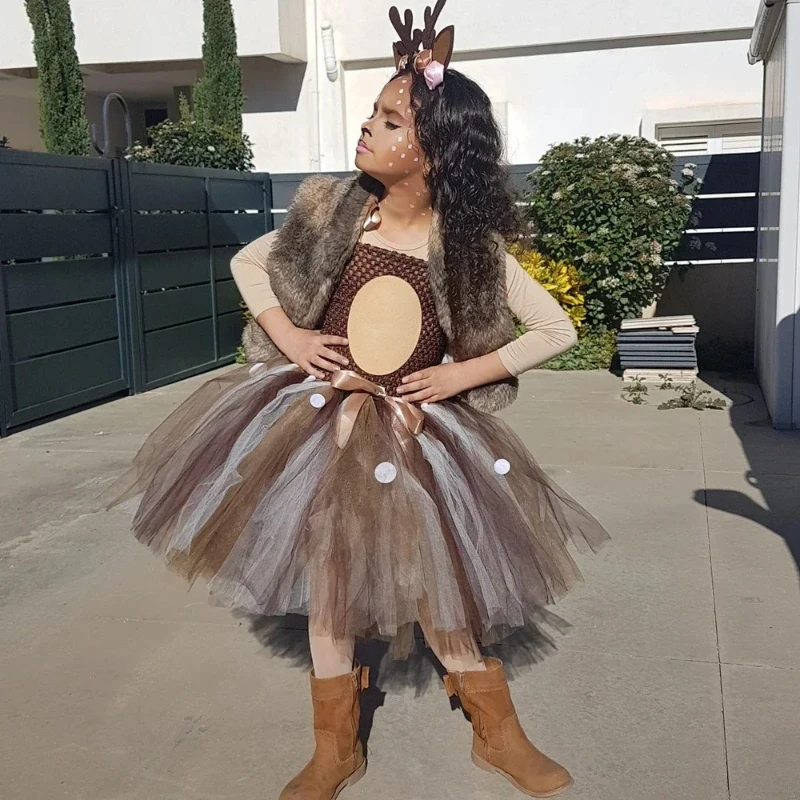 Deer Costume for Girls Christmas Tutu Dress Toddler Kids Birthday Jungle Party Halloween Animal Elk Reindeer Costumes Outfits